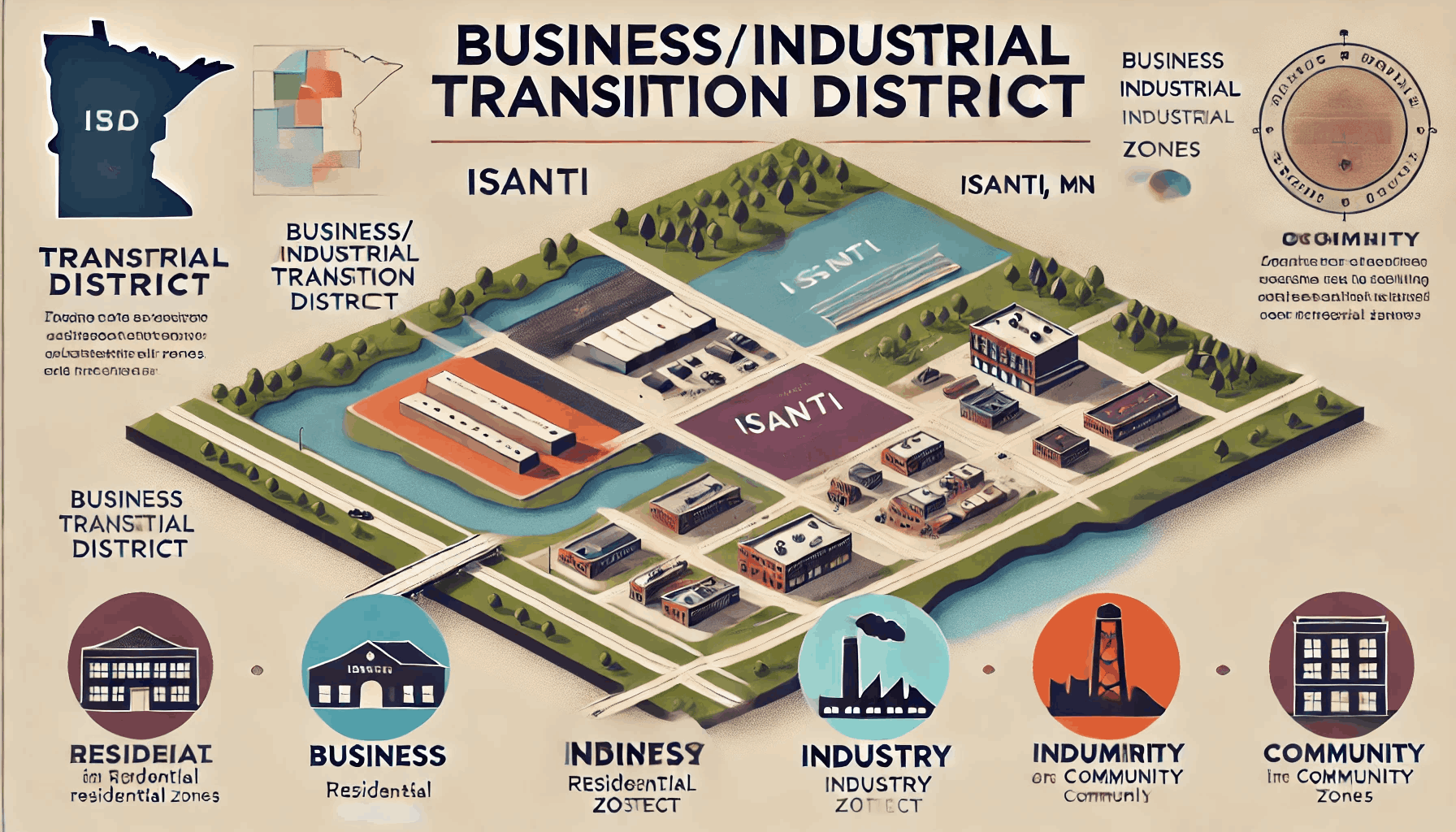 What does the business/industrial transition district mean in Isanti, MN?